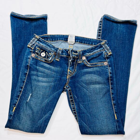 True Religion Joey Super Flared Jeans Women 27W x 30L Twisted Seam Thick Stitch - Picture 3 of 12